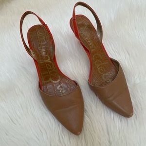 Sam Edelman tan and coral pointed sling backs